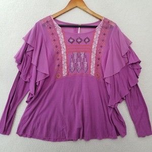 Free People La Cienega Boho Blouse Top Purple Flutter LS Women's Size M READ